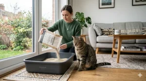 A cat owner pouring dust-free unscented cat litter from a bag into a tray to maintain clean indoor air.