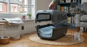 Exploded view showing the simple assembly of a hard-sided cat carrier base and lid.