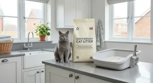 A person effortlessly lifting a bag of lightweight cat litter, demonstrating its convenience. lightweight cat litter
