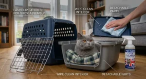 Exploded view showing the detachable base and wipe-clean interior of a large cat carrier for easy maintenance.