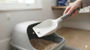 Easy-clean, non-stick plastic cat litter scoop for maintaining tray hygiene.