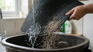 A cat owner shaking a waterproof litter mat over a bin, demonstrating how simple it is to empty trapped debris.