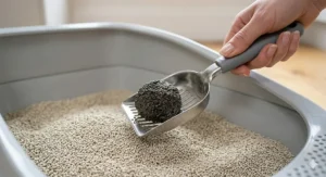 Alt text for image 3: A diagram demonstrating how tight, strong clumps are formed, allowing for easy scooping from a cat litter tray without the clumps breaking apart.
