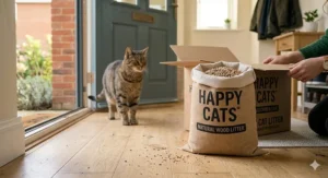 Close-up of natural, sustainable cat litter from a UK-based subscription service.