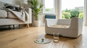 An eco-conscious graphic depicting the earth and a paw print, symbolising the sustainable benefits of tofu litter.