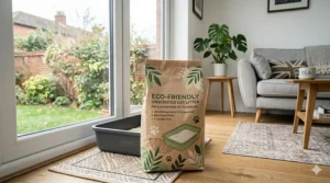 A bag of eco-friendly, 100% biodegradable, unscented cat litter standing next to a tray in a sustainable household.
