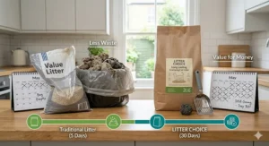 Alt text for image 5: An infographic tracking the weekly value of long lasting clumping cat litter, illustrating how removing only the clumps saves money by reducing overall litter waste.