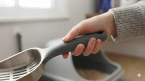 Ergonomic soft-grip handle on a cat litter scoop for comfortable daily use.