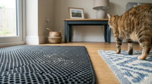 A side-by-side comparison illustrating the coverage area of an extra-large litter mat versus a standard-sized option.