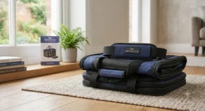 Foldable soft-sided cat carrier shown partially collapsed to demonstrate how it saves space for easy storage at home.