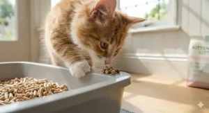 A close-up view of a curious ginger kitten exploring the texture of fresh wood-pellet litter at the edge of its tray.