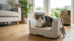 A contented cat stepping out of a clean, modern litter tray filled with natural, plant-based tofu litter.