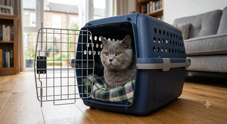 Sturdy hard cat carrier designed for large breeds sitting in a bright, modern living room. hard cat carrier for large cats
