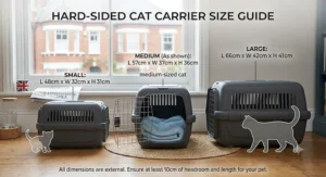 Comparison chart showing small, medium, and large hard-sided cat carrier dimensions.