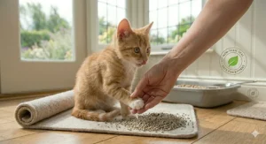 A happy, healthy kitten sitting on a mat by open French doors with a view of a lush garden.