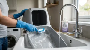 An empty plastic litter tray being scrubbed with a blue sponge and eco-friendly soap in a utility sink.