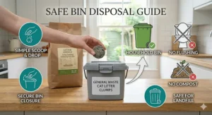 Alt text for image 9: A clean instructional graphic explaining how to scoop and safely dispose of soiled clumping cat litter into a household general waste bin.