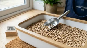 A person using a metal scoop to clean eco-friendly cat litter from a tray.