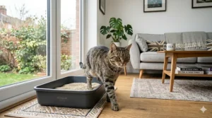 A healthy cat stepping out of a litter tray filled with hypoallergenic, unscented cat litter.