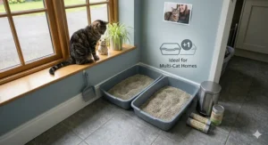A cross-section diagram of a litter tray illustrating the recommended three-inch depth of substrate required for optimal absorption and odour control.
