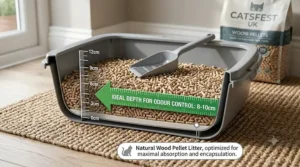 A clean cross-section diagram showing the recommended 8-10cm depth of fresh cat litter for optimal absorbance.