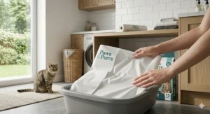 Placing a clean litter tray liner into the base of a cat tray.
