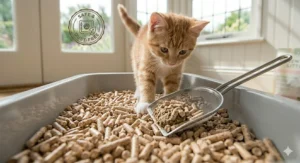 A photorealistic view of a kitten's white paws in wood pellet litter with a large window and garden in the background.