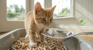 Close-up of a kitten's paws in a litter tray near a small white cube amidst the wood pellet litter.