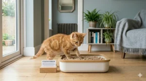 A cute kitten exploring a clean litter tray filled with safe, eco-friendly cat litter.