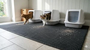 An extra-large cat litter mat placed in a hallway to manage mess from multiple litter trays in a busy household.