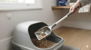 Long-handled cat litter scoop designed to reduce bending and improve posture.