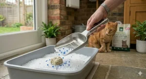 A graphic showing that one bag of silica gel cat litter lasts longer than traditional clay litter, offering better value.