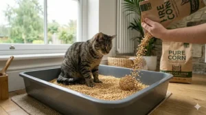 A person pouring corn cat litter into a tray, demonstrating the low-dust formula for indoor air quality.