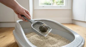 Alt text for image 4: An illustration of a cat stepping out of its litter tray onto a mat, highlighting the low tracking and dust free properties of premium long lasting clumping cat litter.