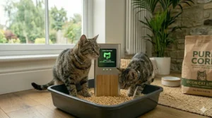 Two cats sharing a spacious litter box filled with high-absorption corn cat litter.