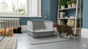 Two well-groomed cats calmly wait in a clean, stylish living room setting while a third cat exits the shared high-sided litter tray.