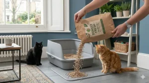 A close-up view of diverse, biodegradable natural ingredients such as maize, wood pellets, and clumping clay, highlighting the natural cat litter composition.