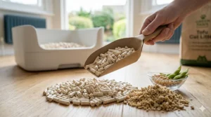 A split-screen illustration showing raw soybean dregs alongside the finished, compressed tofu litter pellets.
