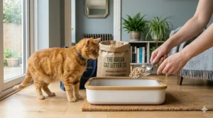 A diagram demonstrating the natural odour-trapping properties of eco-friendly cat litter.