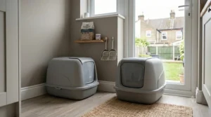Two identical grey litter boxes placed side-by-side in a utility area for a multi-cat household.