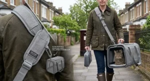 A person carrying the cat carrier on their shoulder, demonstrating the ultra-portable collapsed storage clip.