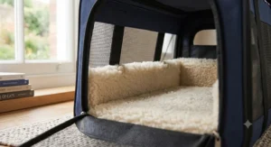 Padded shoulder strap and handle on a portable soft-sided cat carrier, designed for comfortable transport on trips.