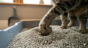 A person using a scoop to clean a cat litter tray, highlighting the importance of regular maintenance for effective odour control.