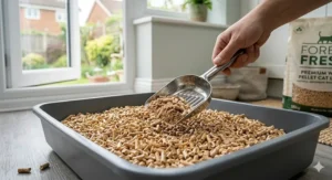 A detailed close-up photograph showing a hand using a metal scoop to clear wet sawdust and waste from a clean bed of wood pellet cat litter.