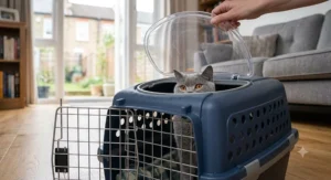 Top-loading hard cat carrier for large cats, allowing for stress-free placement during vet visits.