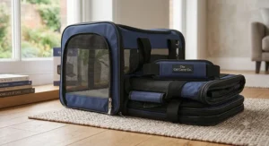 Close-up of the durable zip closure on a secure soft-sided cat carrier, highlighting safety features for peace of mind.
