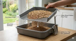 An illustrative diagram demonstrating the function of a sifting litter tray, showing a hand lifting the mesh grate while sawdust filters into the collection tray below.