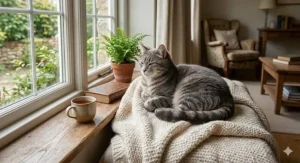 An icon-based graphic confirming that silica gel is non-toxic and safe for use in cat households.
