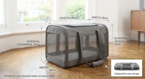A diagram showing the external and internal dimensions of the collapsible cat carrier in centimetres.