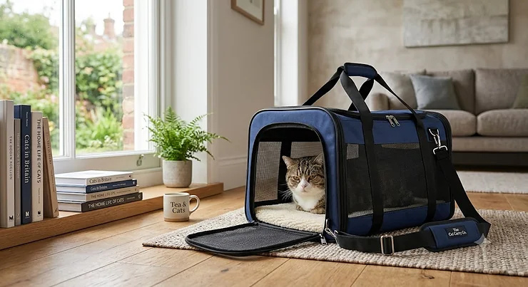 A navy blue foldable soft-sided cat carrier with a cosy fleece liner, sitting on a wooden floor in a British home with natural lighting. soft sided cat carrier